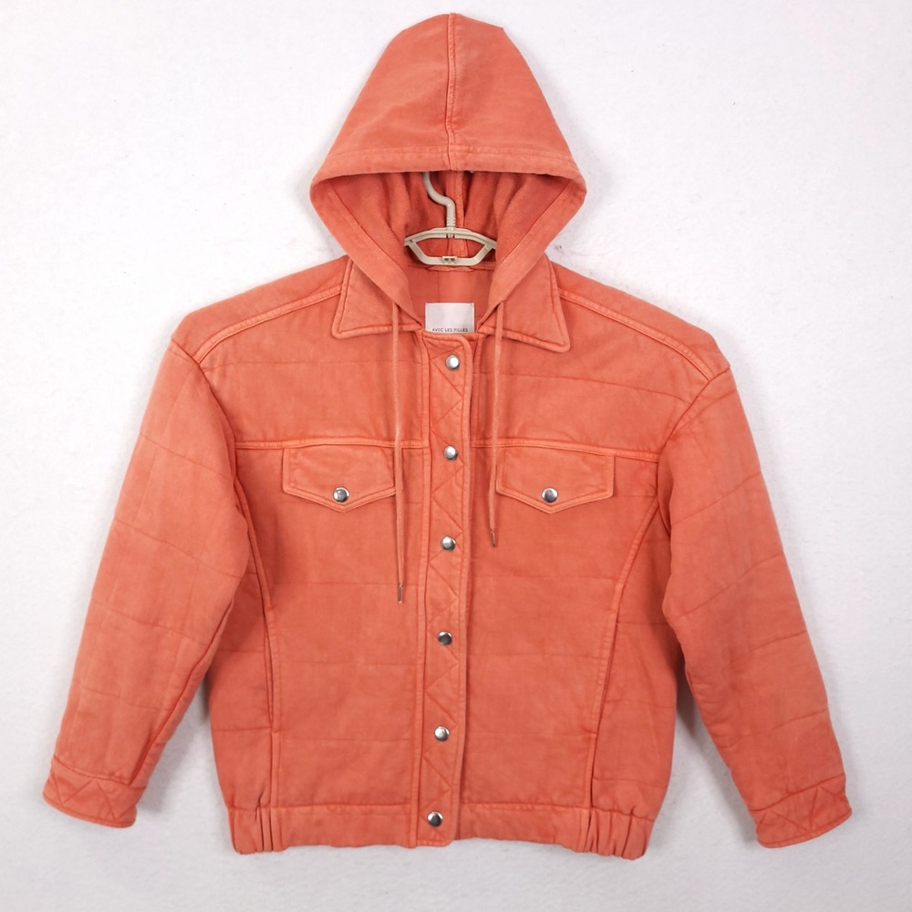Avec Les Filles Hooded Trucker Jacket Size 2XS Coral Orange Quilted Snap Buttons